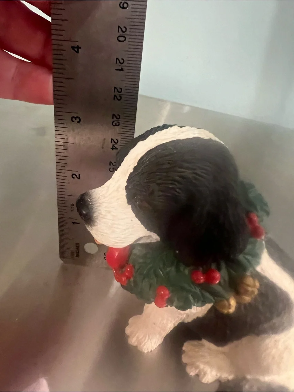 Silver Deer Christmas Black and White Puppy Figurine with Red Wreath